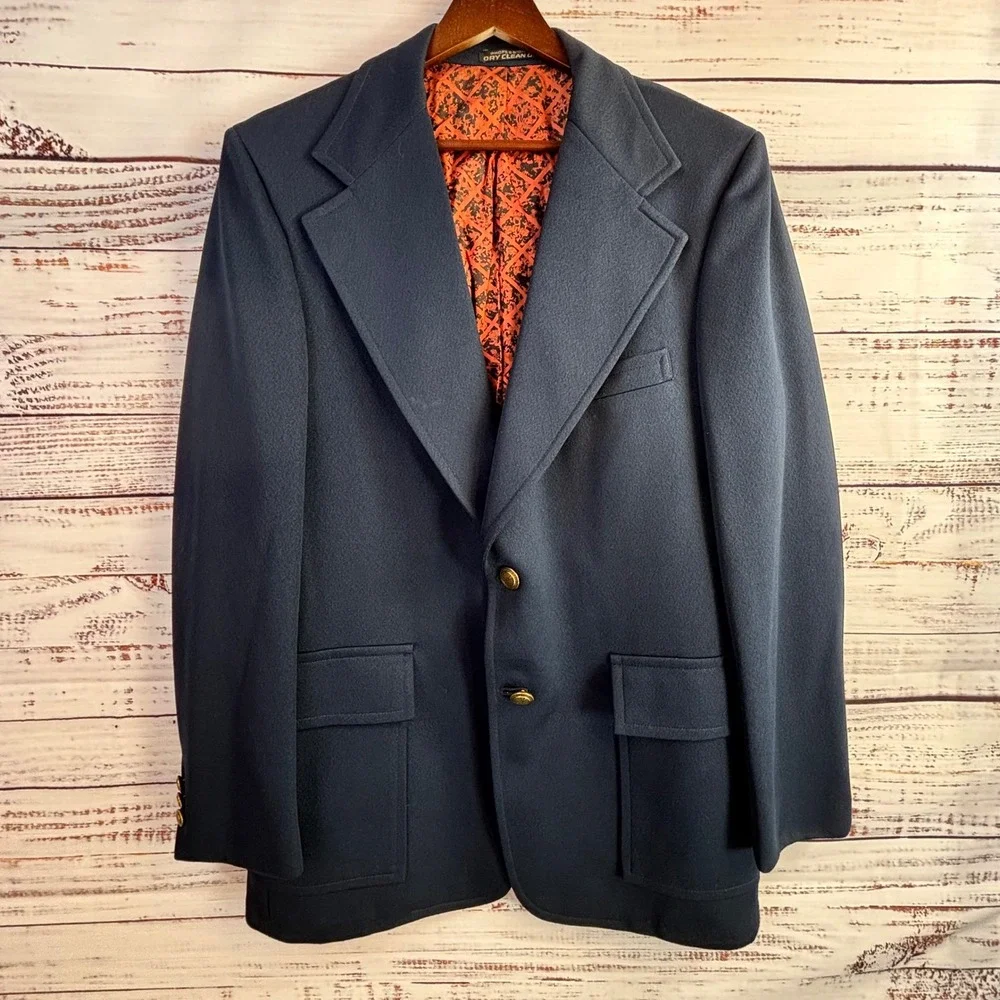 Vintage‎ Wide Lapel Preppy Navy Blue Blazer 38/40R Gold Buttons Hopsack Summer